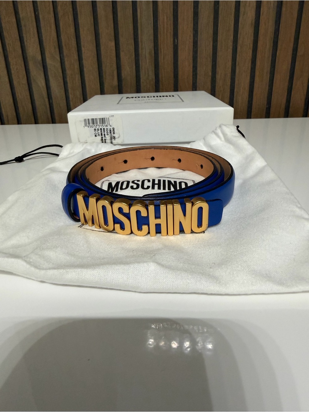 Moschino Blue Leather Belt with Gold Logo Buckle